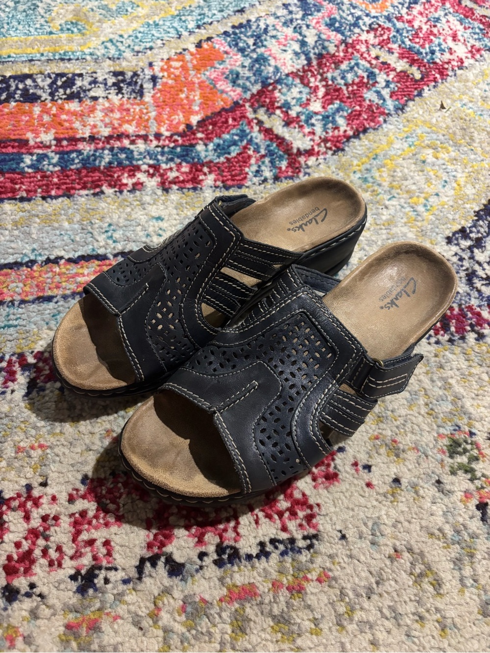 Clarks Navy Blue Perforated Leather Slide Mules